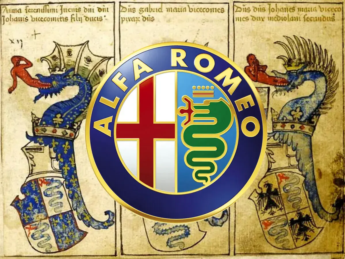 Alfa Romeo logo na tle średniowiecznych herbów z smokami. Symbolizuje połączenie historii i motoryzacji.