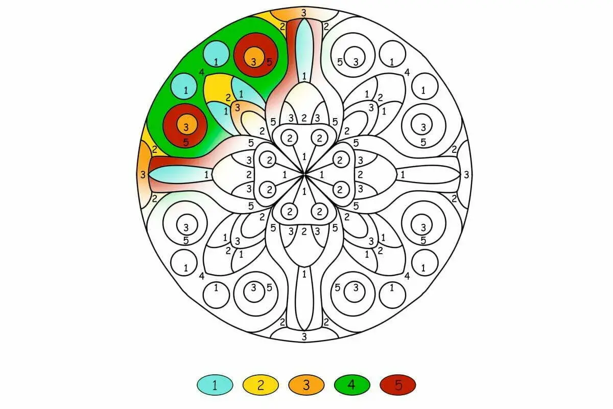 Kolorowanka mandala z numerami i legendą kolorów.