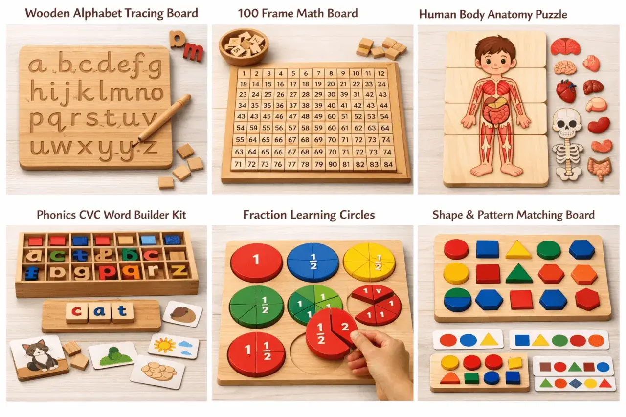Montessori toys vs regular toys: wooden alphabet board, math board, anatomy puzzle, phonics kit, fraction circles, and shape matching.