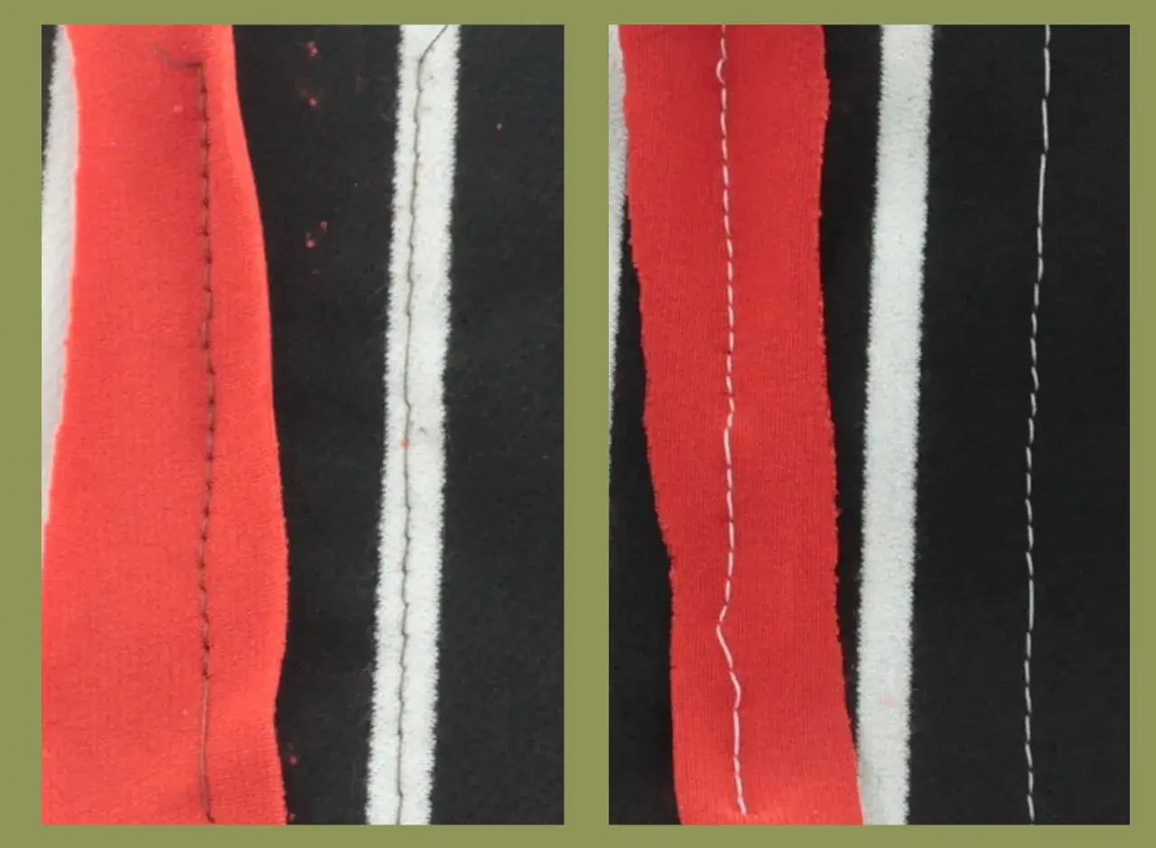 Left shows a stretch needle sewing, right shows a ballpoint needle. The stretch needle creates a neater stitch on stretchy fabric.