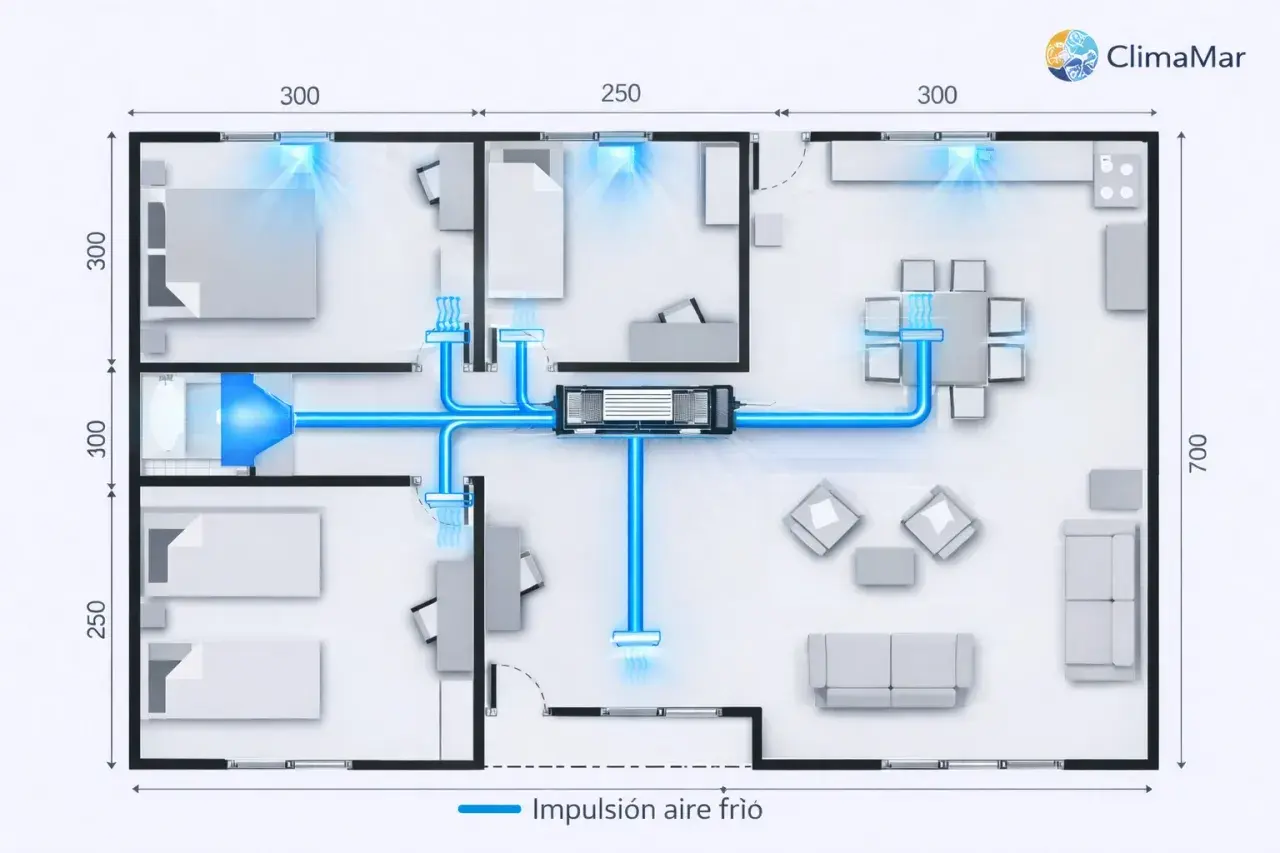 Plano de vivienda con sistema de climatización centralizado. Se muestran conductos azules distribuyendo aire frío a habitaciones, salón y cocina. El sistema está diseñado para optimizar los vatios por metro cuadrado.
