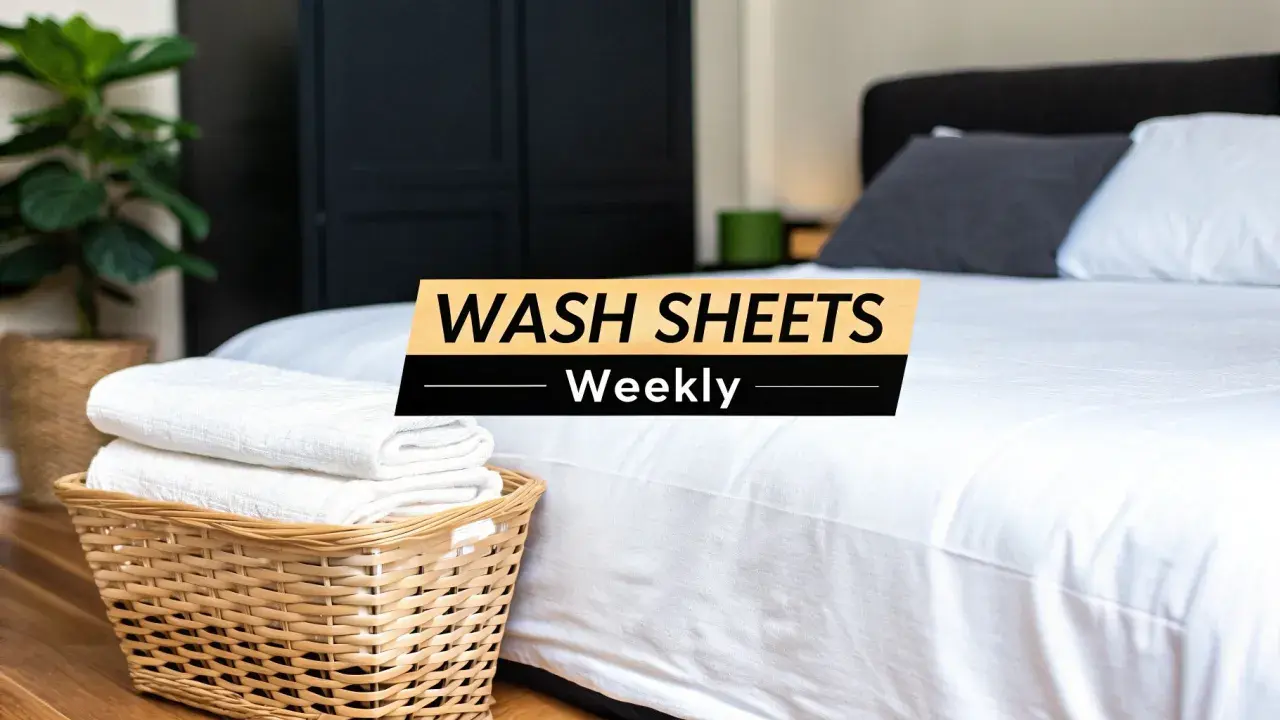 A clean bedroom with a neatly made bed. A basket of folded white towels sits beside the bed. Text overlay reads: "WASH SHEETS Weekly.