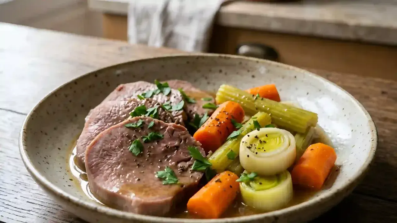 Tranches de langue de bœuf tendres, servies avec des carottes, du poireau et du céleri, garnies de persil frais.