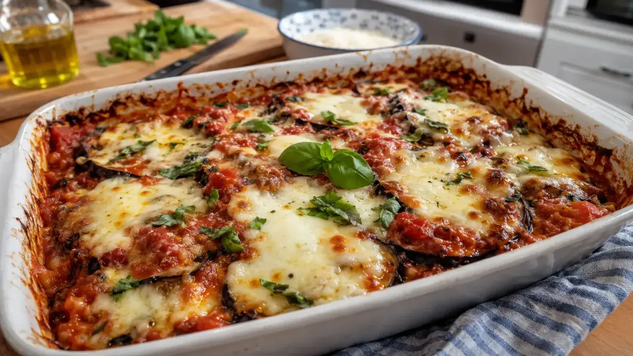 Aubergine, tomate et mozzarella au four, un plat gratiné et savoureux. Parfait pour une recette d'aubergine tomate mozzarella au four.
