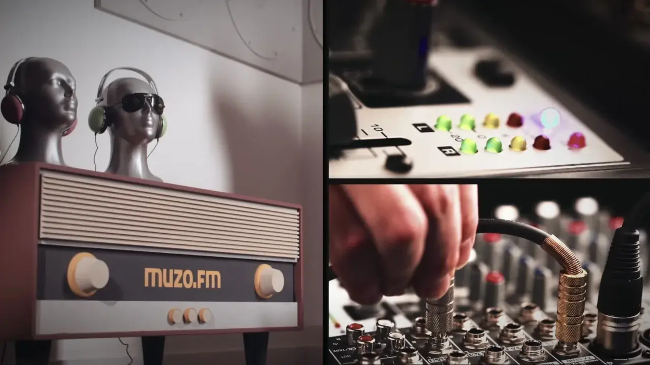 Dwie głowy w słuchawkach na tle retro radia z napisem muzo.fm. Obok mikser z migającymi diodami i podłączanym kablem.