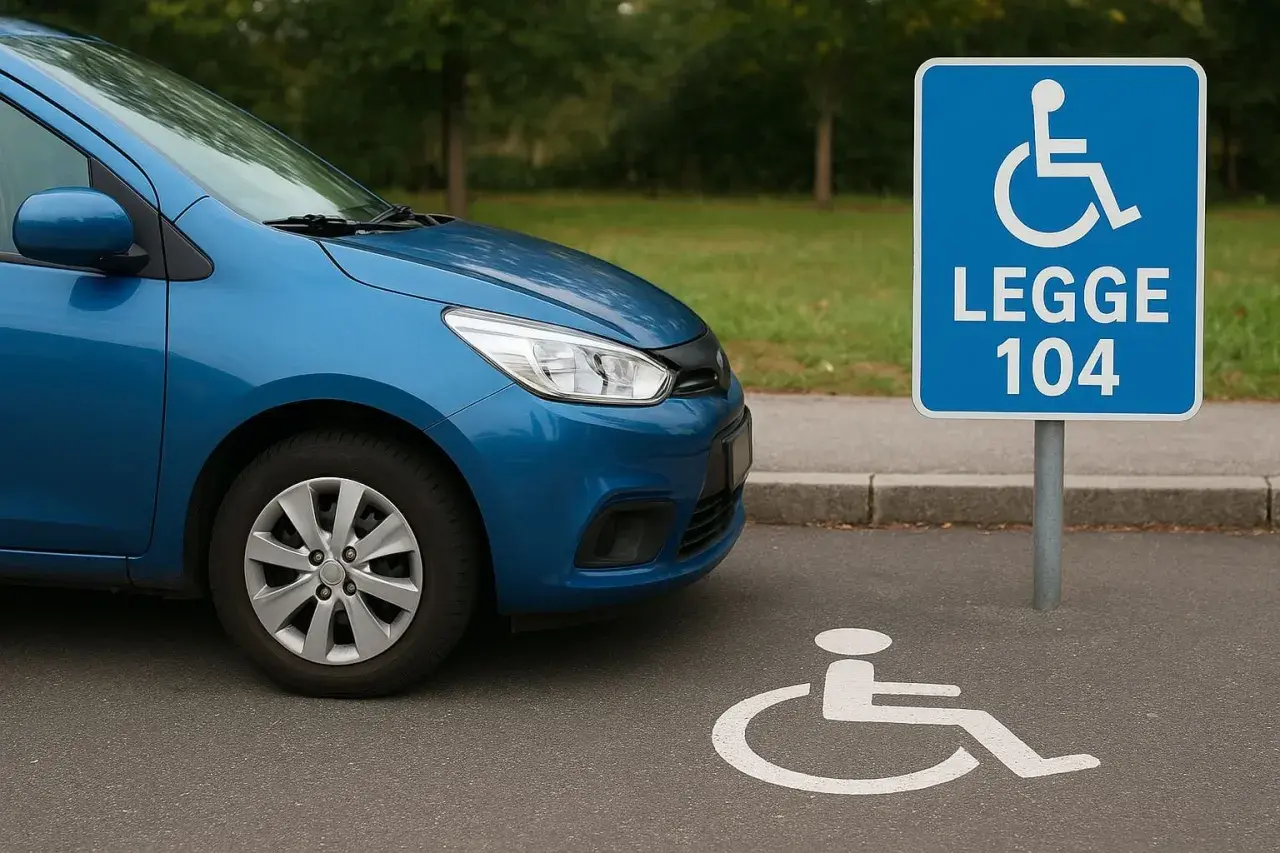Parcheggio riservato per auto con agevolazioni Legge 104 art 3 comma 1. Segnale e stallo disabili.