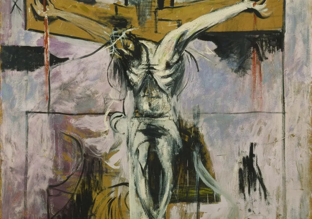 A stark, expressive holy week art painting depicts a crucified figure with raw brushstrokes and a crown of thorns.