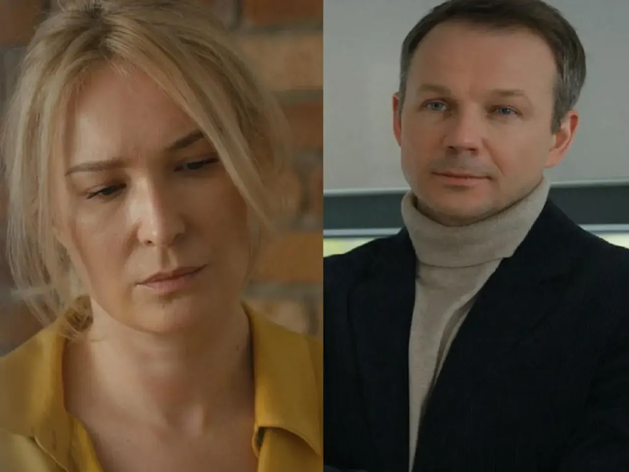 Kobieta zamyślona, obok mężczyzna w golfie i marynarce. Czy to siostra Bruna i jej brat?