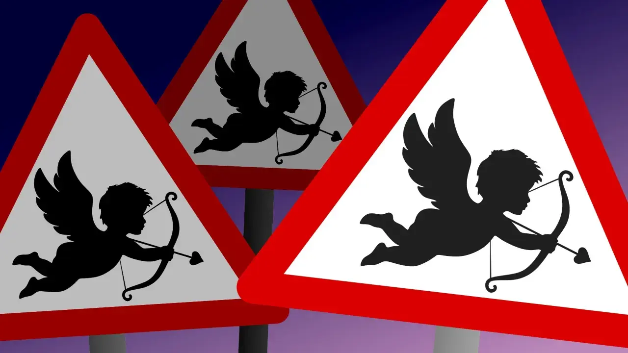 Segnali di pericolo con Cupido in silhouette, freccia pronta a scoccare. Un avvertimento rosso per l'amore.
