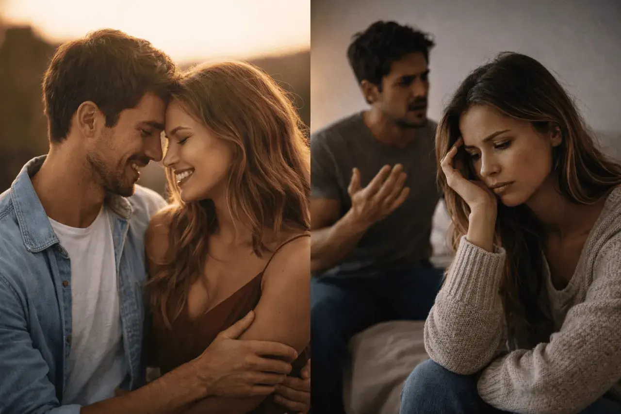 Coppia felice e poi litigio. Lei, una persona insicura in amore, soffre mentre lui parla.