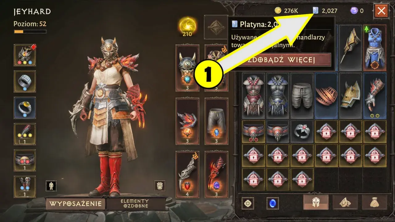 Gracz ma 2027 sztuk platyny w Diablo 4, widoczny jest też ekwipunek postaci.