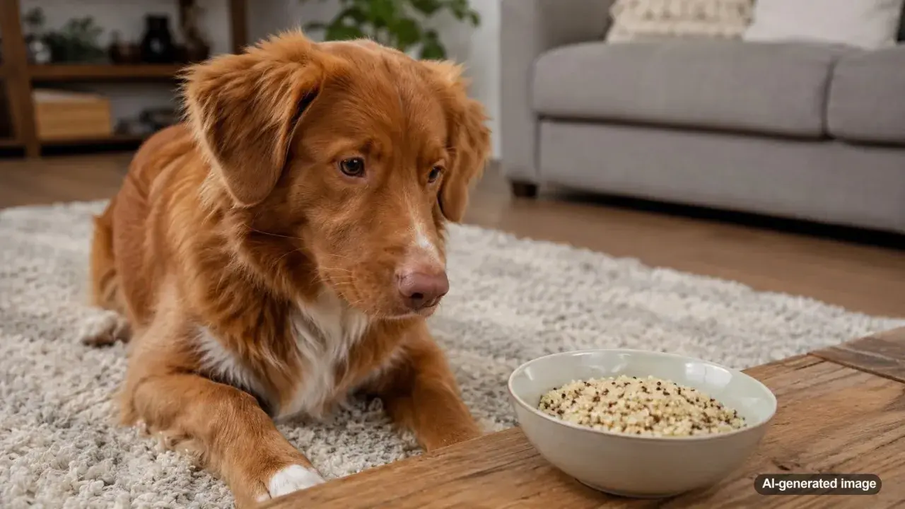 A fluffy brown dog looks curiously at a bowl of quinoa, wondering if dogs can eat quinoa.