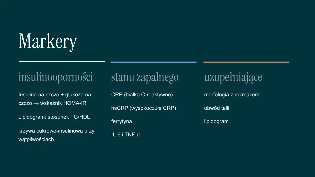 Badania insulinooporności: insulina, glukoza, HOMA-IR, lipidogram, krzywa cukrowo-insulinowa. Markery stanu zapalnego i uzupełniające.
