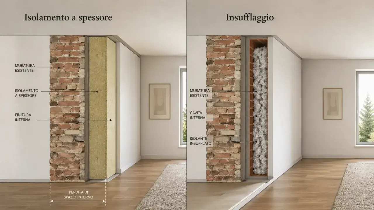 Confronto isolamento a spessore e insufflaggio pareti. L'insufflaggio è più efficiente e riduce la perdita di spazio interno, influenzando il costo.
