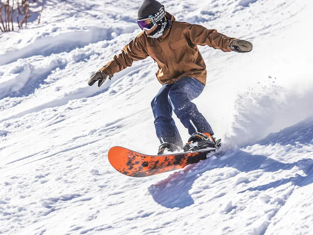 Mężczyzna na desce snowboardowej męskiej zjeżdża po ośnieżonym stoku, tworząc obłok śniegu.