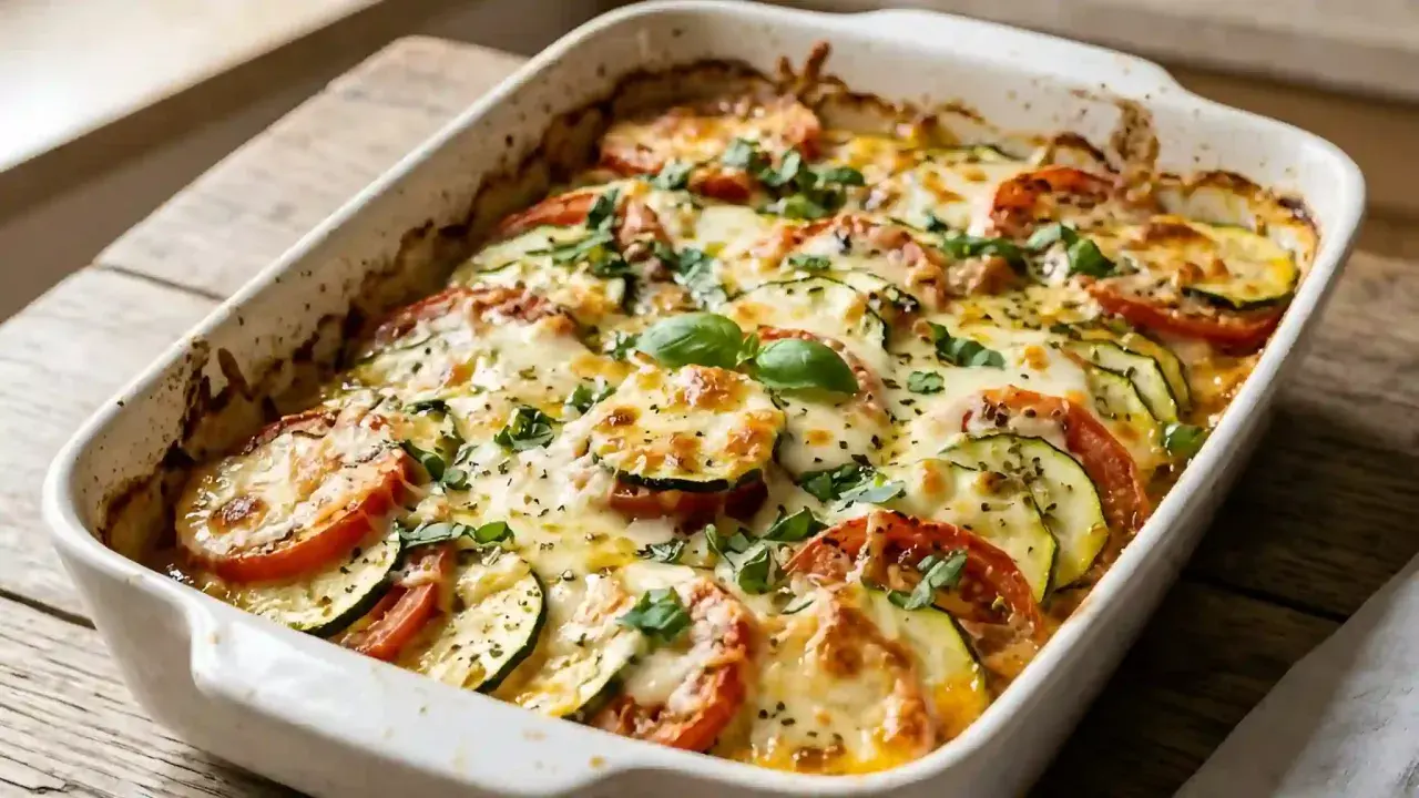 Un plat de gratin de courgettes tomates, doré et gratiné, garni de basilic frais. Un délice estival prêt à être dégusté.
