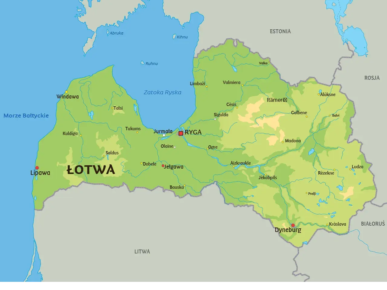 Mapa Łotwy z zaznaczonymi miastami, rzekami i wybrzeżem Morza Bałtyckiego. Na południu widoczna Litwa, z którą Łotwa graniczy.