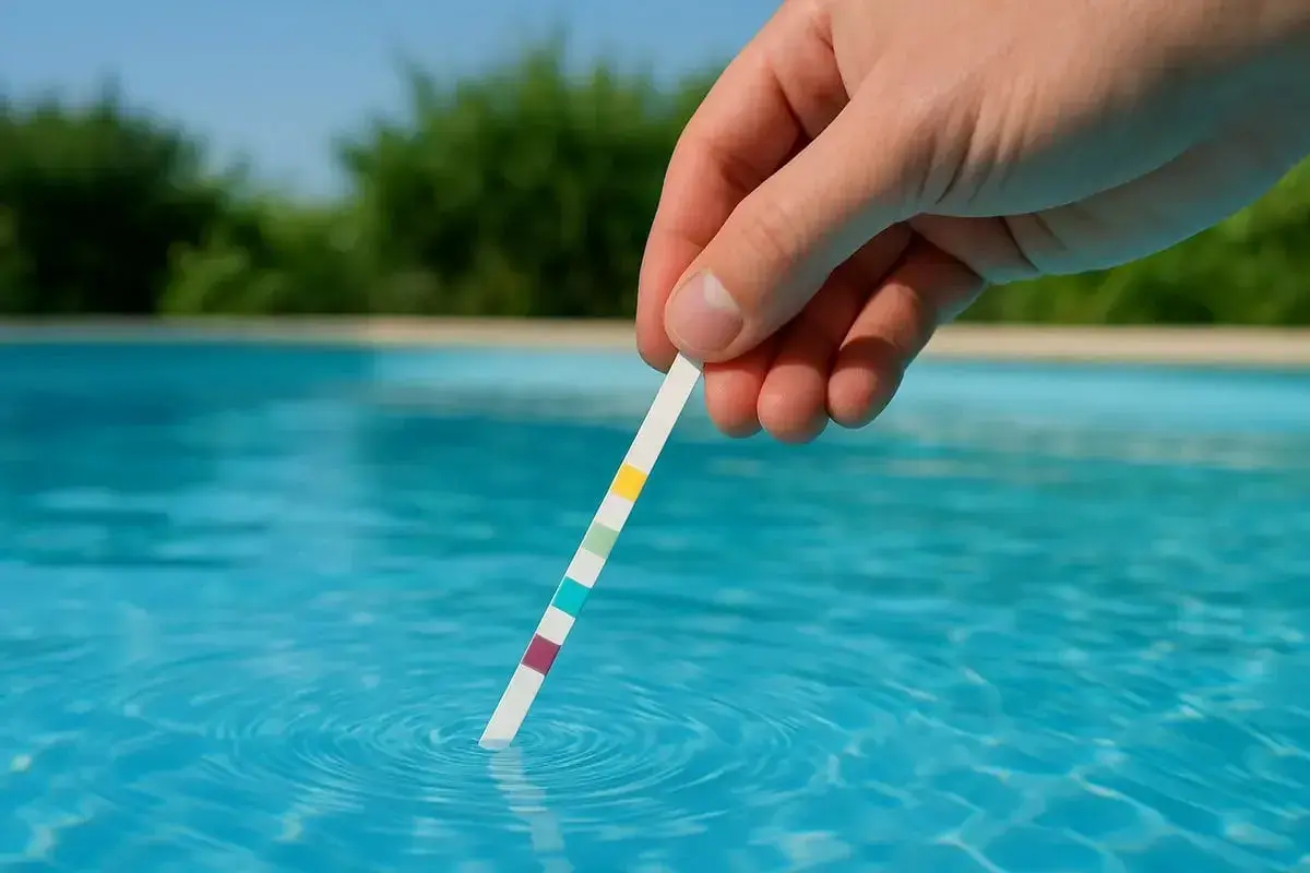 En hand doppar en teststicka i poolen för att kontrollera vattnet. Vattnet ser klart ut, inte grumligt poolvatten.