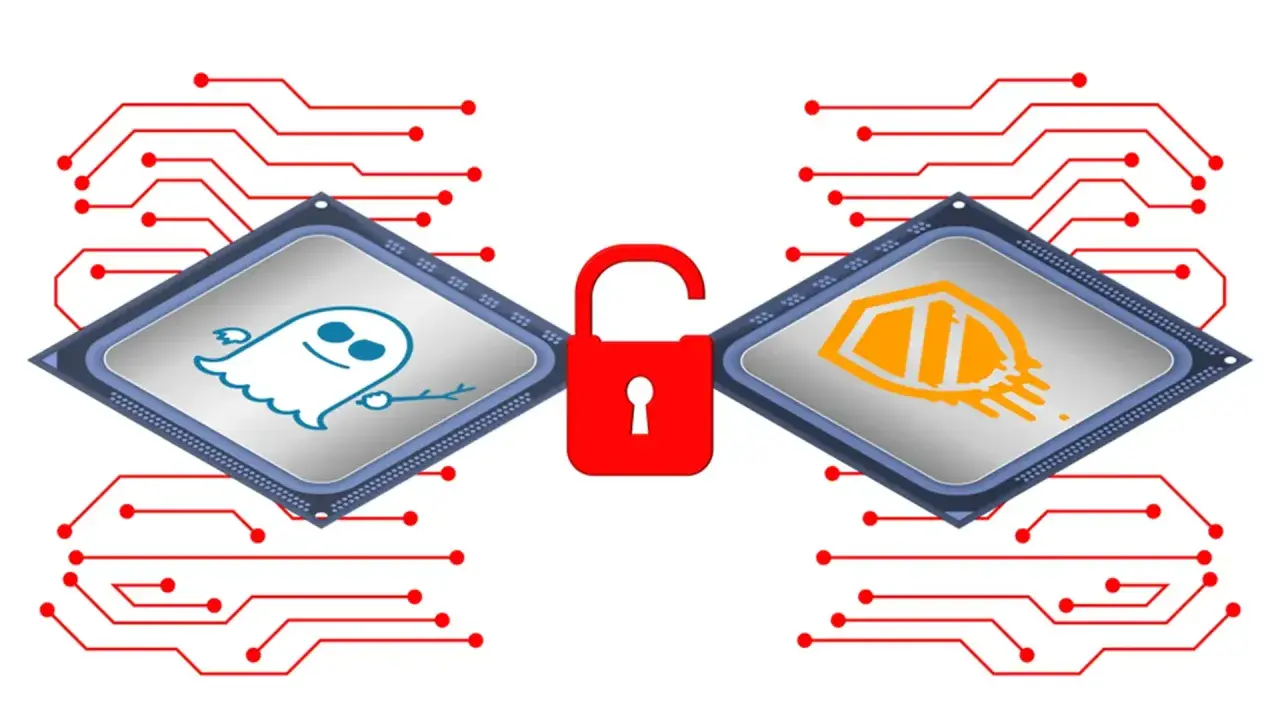 Deux puces informatiques, l'une avec un fantôme bleu, l'autre avec un bouclier orange, reliées par un cadenas rouge ouvert. Une mise à jour BIOS pour la sécurité.
