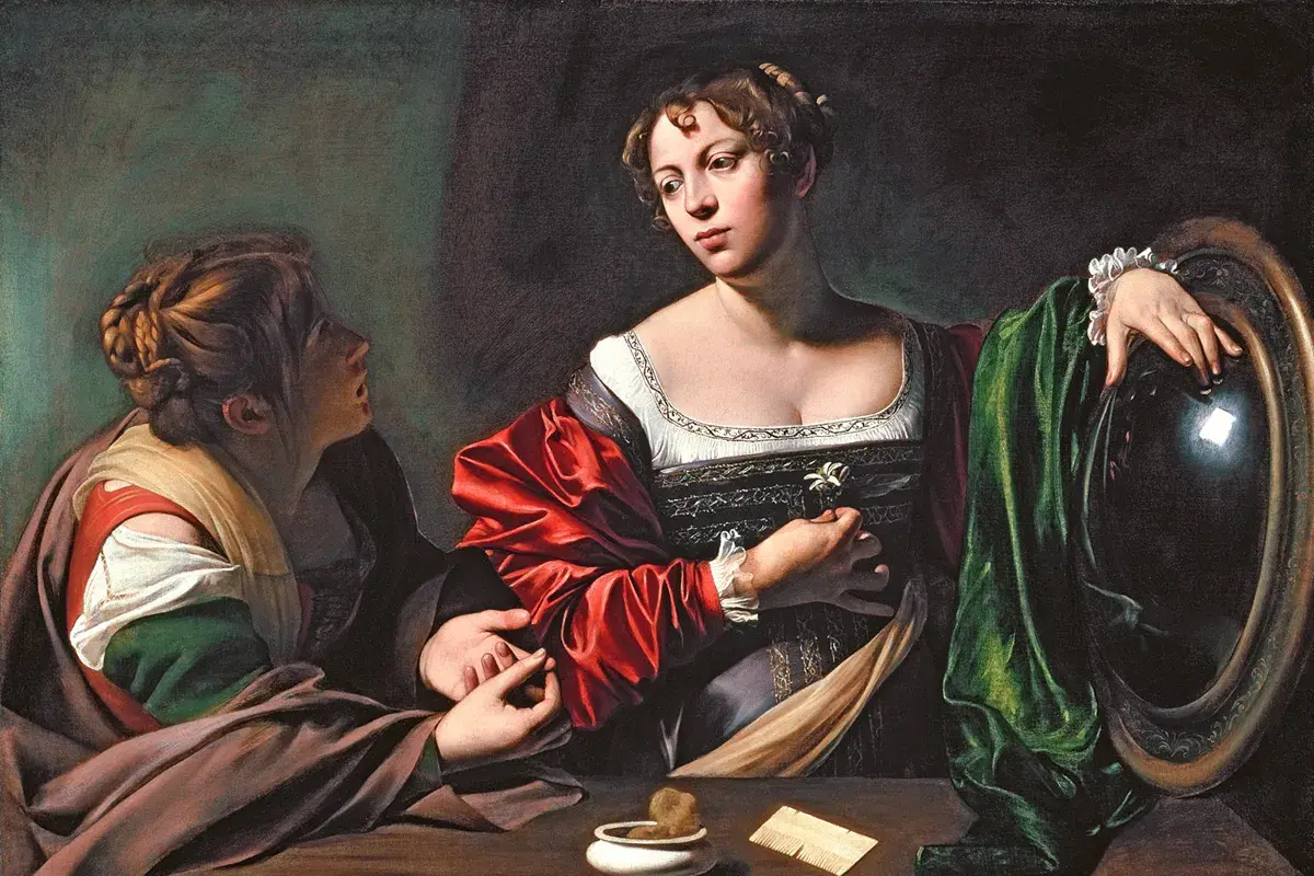 Maria Magdalena w obrazie Caravaggia, zamyślona, trzyma kwiat. Obok niej druga kobieta, symbolizująca pokusę.