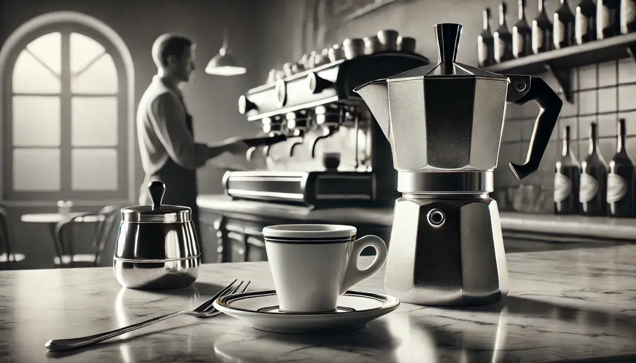 Kawiarka i filiżanka na blacie, barista w tle przygotowuje kawę. Idealne miejsce, by dowiedzieć się, jak się pije espresso.