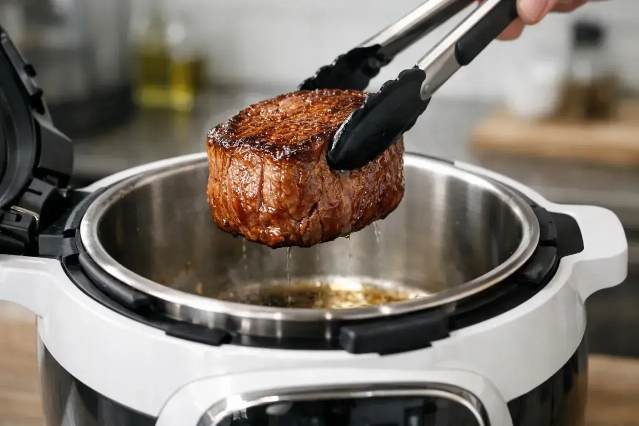 Un beau filet mignon, parfaitement saisi, est retiré d'un Cookeo. Un délice à portée de main !