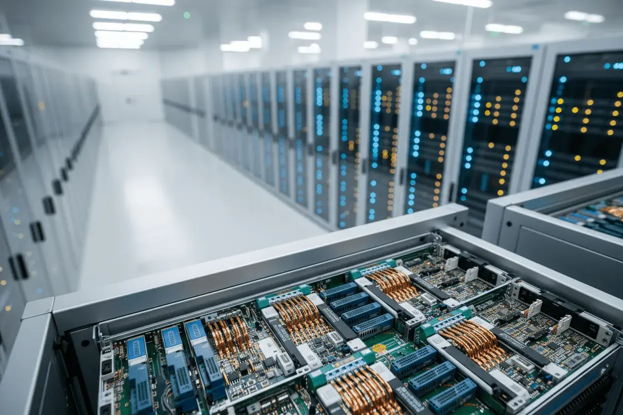 Ein Serverraum mit blinkenden Lichtern, der die Zukunft der credo technology aktie symbolisiert.