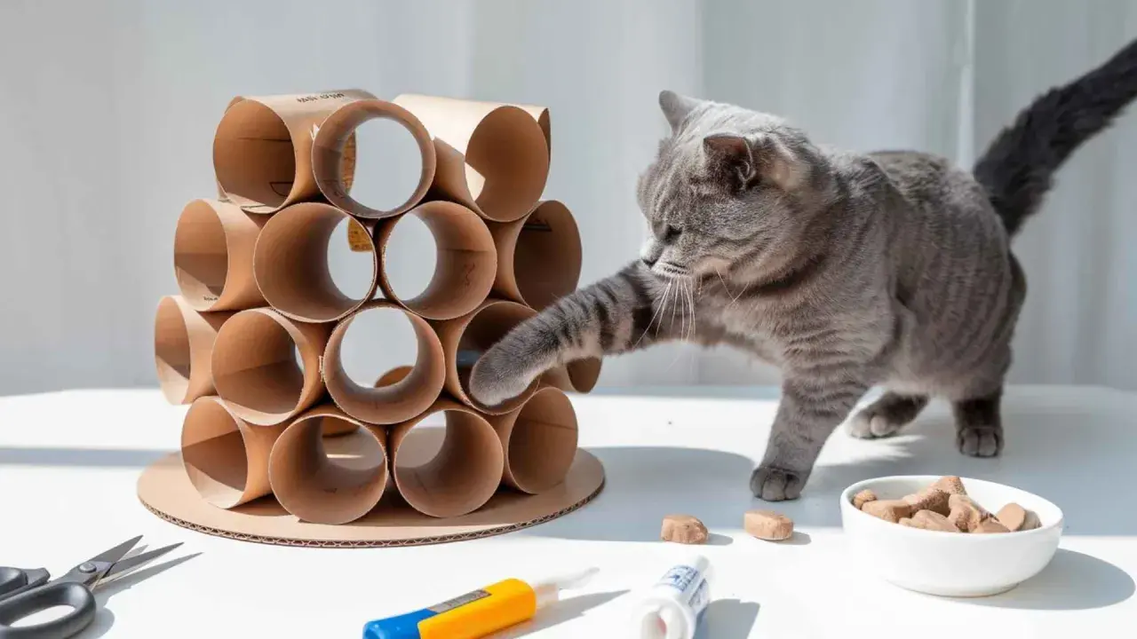 Gato gris jugando con una torre de rollos de cartón, un ejemplo de inventos caseros para gatos.