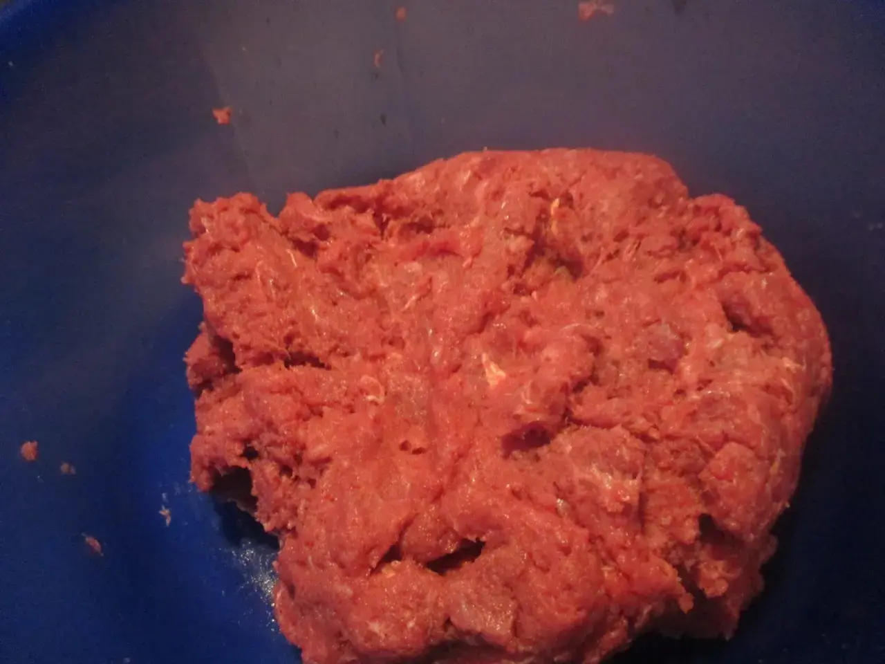 Frisches Hackfleisch, frisch gewolft, bereit für die Zubereitung von Frikadellen. Das gewolft bedeutungsvolle Fleisch liegt in einer blauen Schüssel.