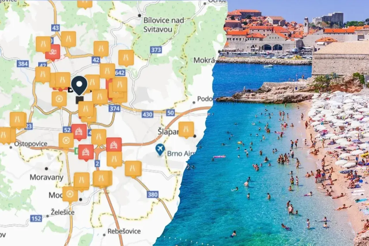 Planowanie wyjazdu do Chorwacji: mapa z ikonami i widok na plażę w Dubrowniku.