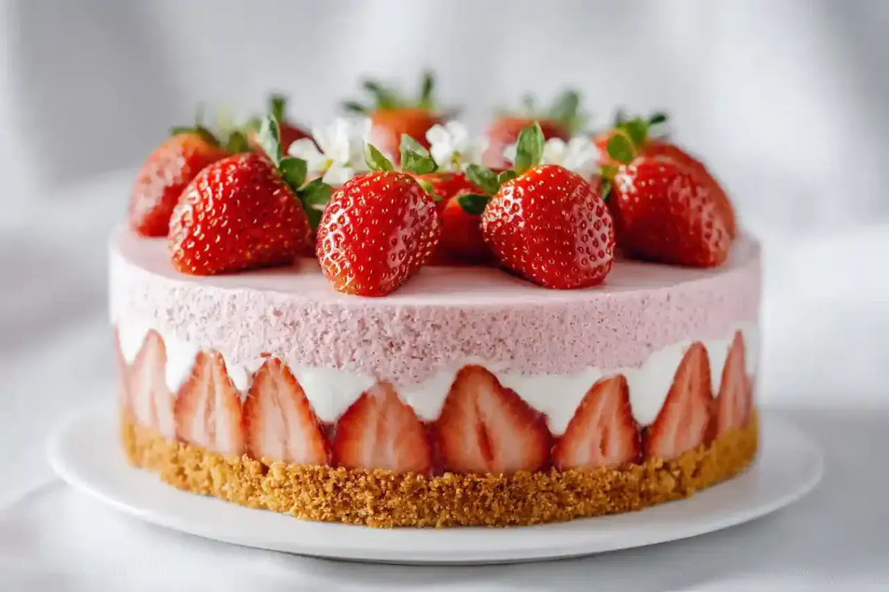 Gâteau fraisier mascarpone, une merveille rose et blanche, garni de fraises fraîches et de petites fleurs.