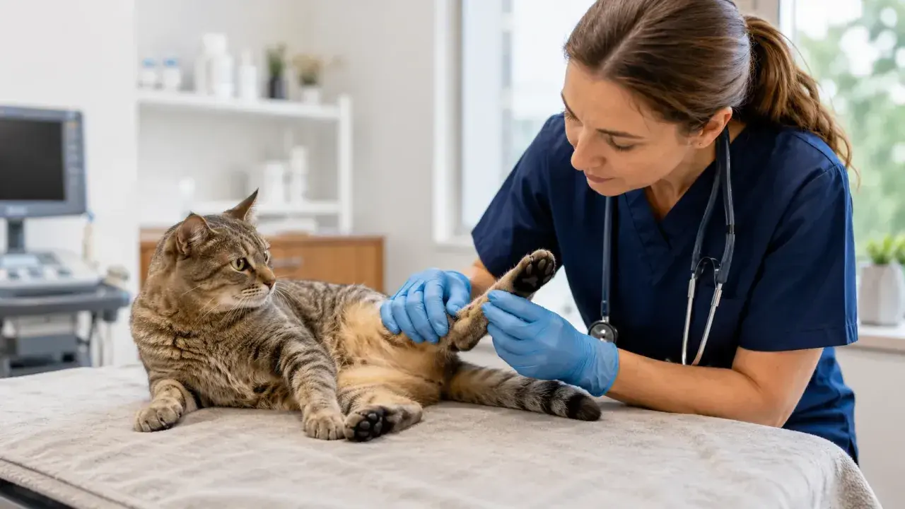 Veterinarian in blue scrubs and gloves gently examines a tabby cat's back legs on an examination table.