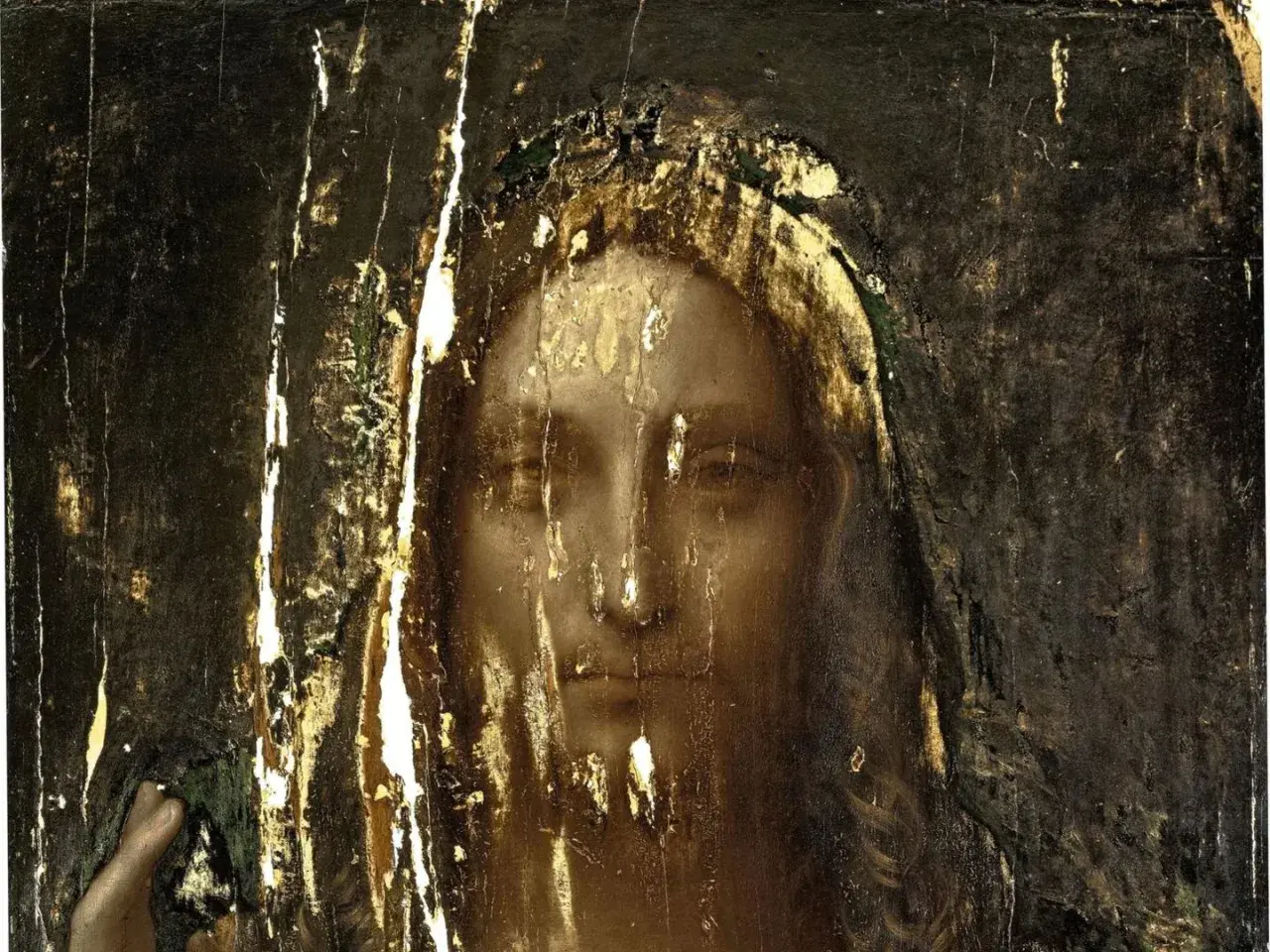 Das **Salvator Mundi Original** zeigt ein stark beschädigtes Porträt Christi mit goldener Aura.