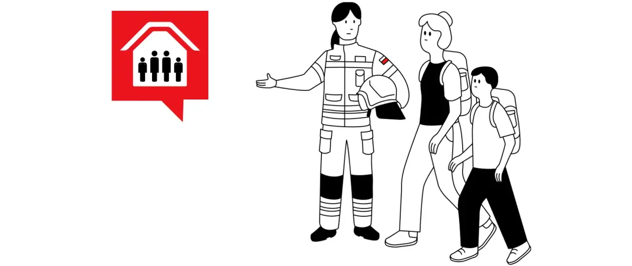 Strażaczka w mundurze, która nie dba o swój wygląd, prowadzi rodzinę z plecakami. Obok czerwony symbol domu z ludzikami.