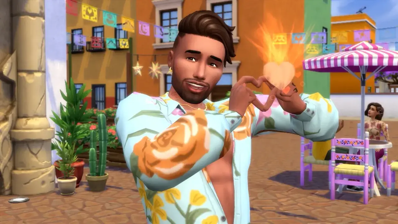 Sympatyczny Sim z gry **Woohoo Sims 4** tworzy serce z dłoni, emanując radością i miłością na tle kolorowej uliczki.