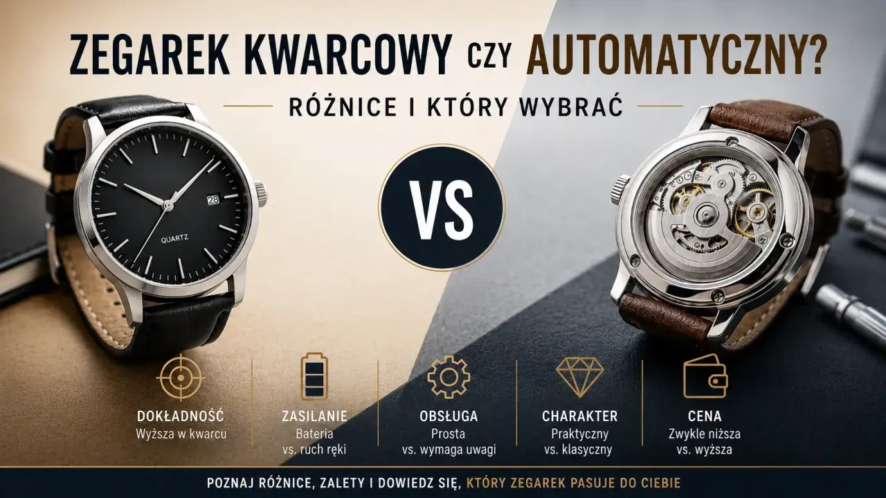 Elegancki zegarek kwarcowy z czarną tarczą i skórzanym paskiem obok mechanizmu automatycznego. Porównanie zegarków.