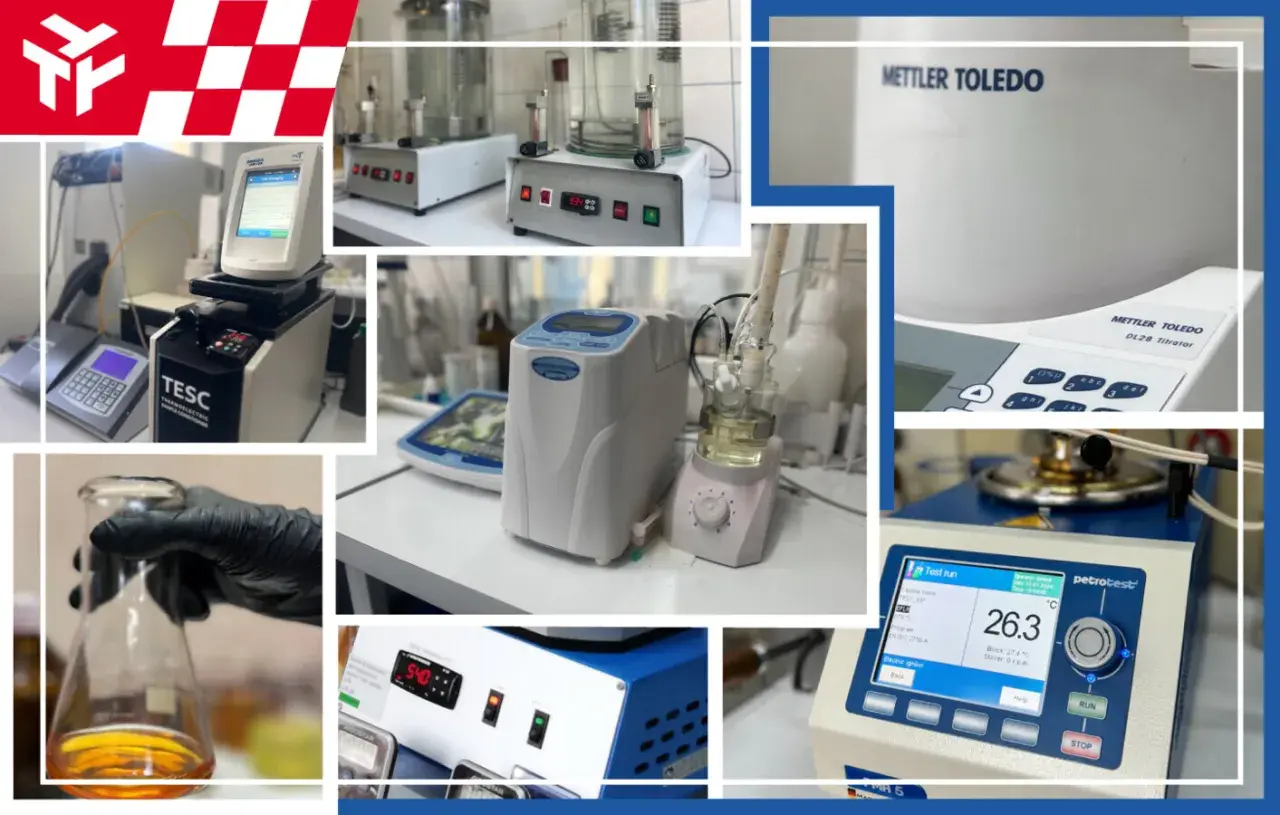 Laboratorium bada wskaźnik lepkości oleju za pomocą nowoczesnych urządzeń, takich jak titrator Mettler Toledo i tester Petrotest.
