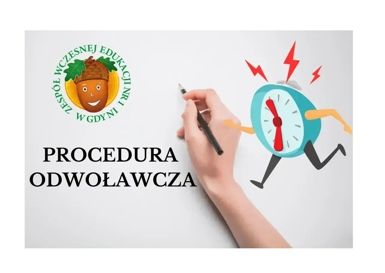 Ręka pisze ołówkiem tekst "PROCEDURA ODWOŁAWCZA" obok biegnącego, zdenerwowanego budzika.