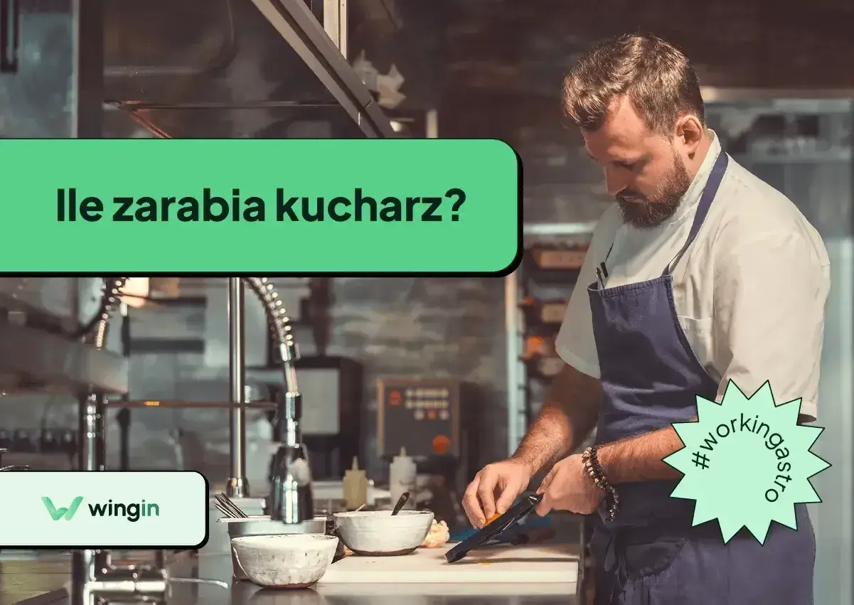 Kucharz w fartuchu przygotowuje jedzenie. Na ekranie pytanie: "Ile zarabia kucharz?". #workingastro