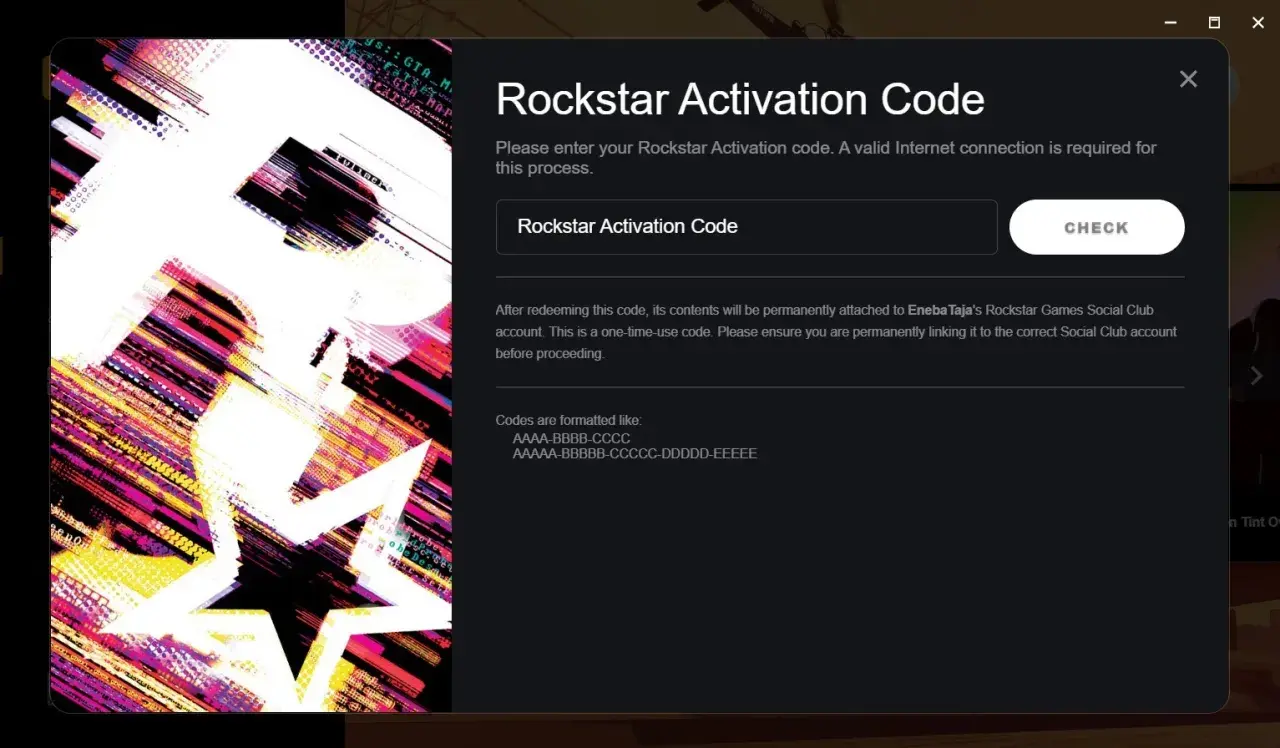 Okno aktywacji Rockstar. Wpisz swój kod aktywacyjny Rockstar, aby uzyskać dostęp do gry.