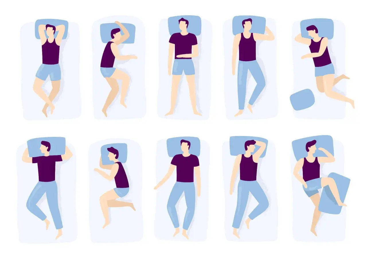 Ten illustrations show different sleeping positions, from fetal curl to starfish.