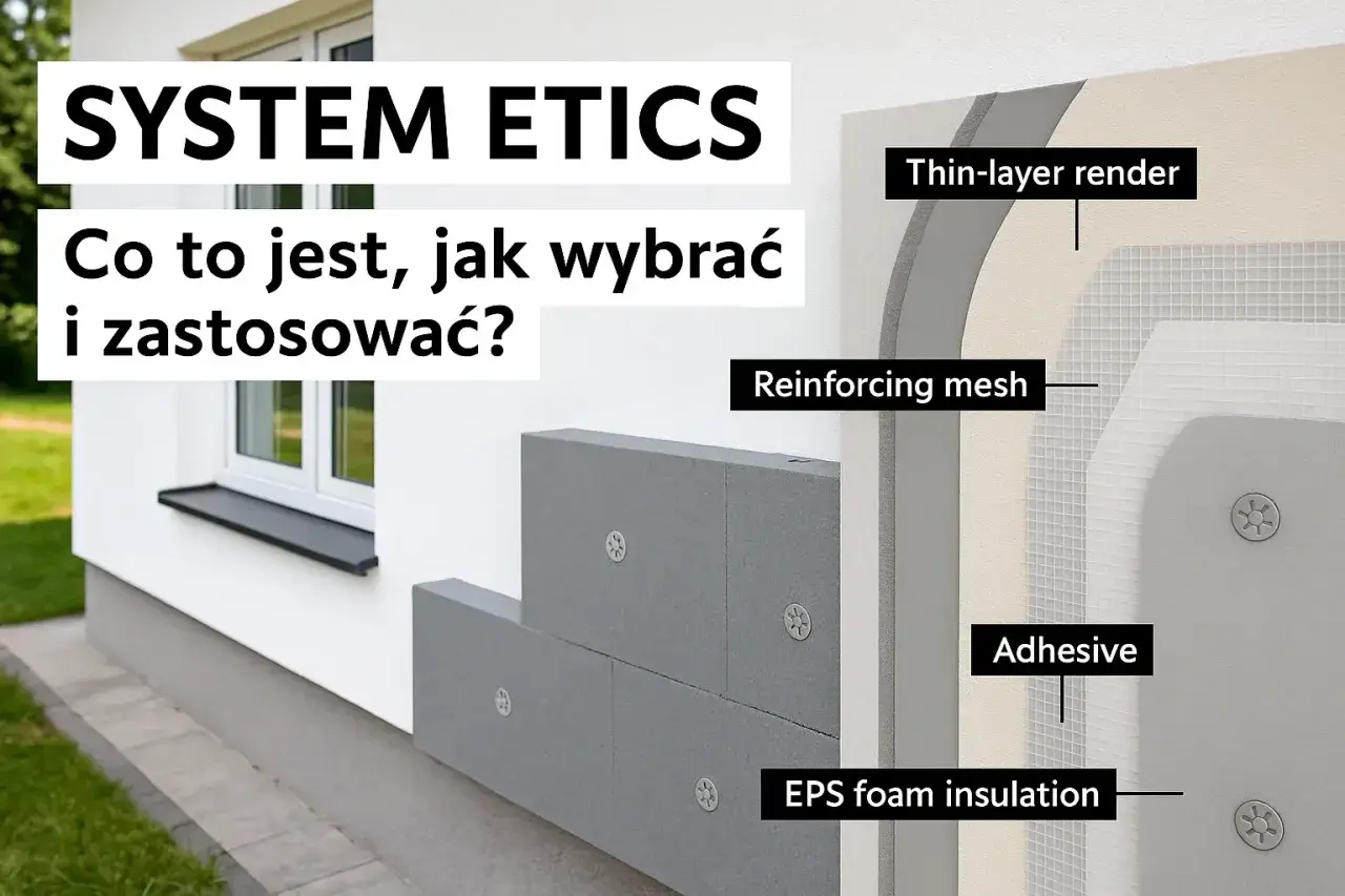 System ETICS: metoda lekka mokra. Detalowa przekrój izolacji ścian z płyt EPS, siatki zbrojącej i tynku.