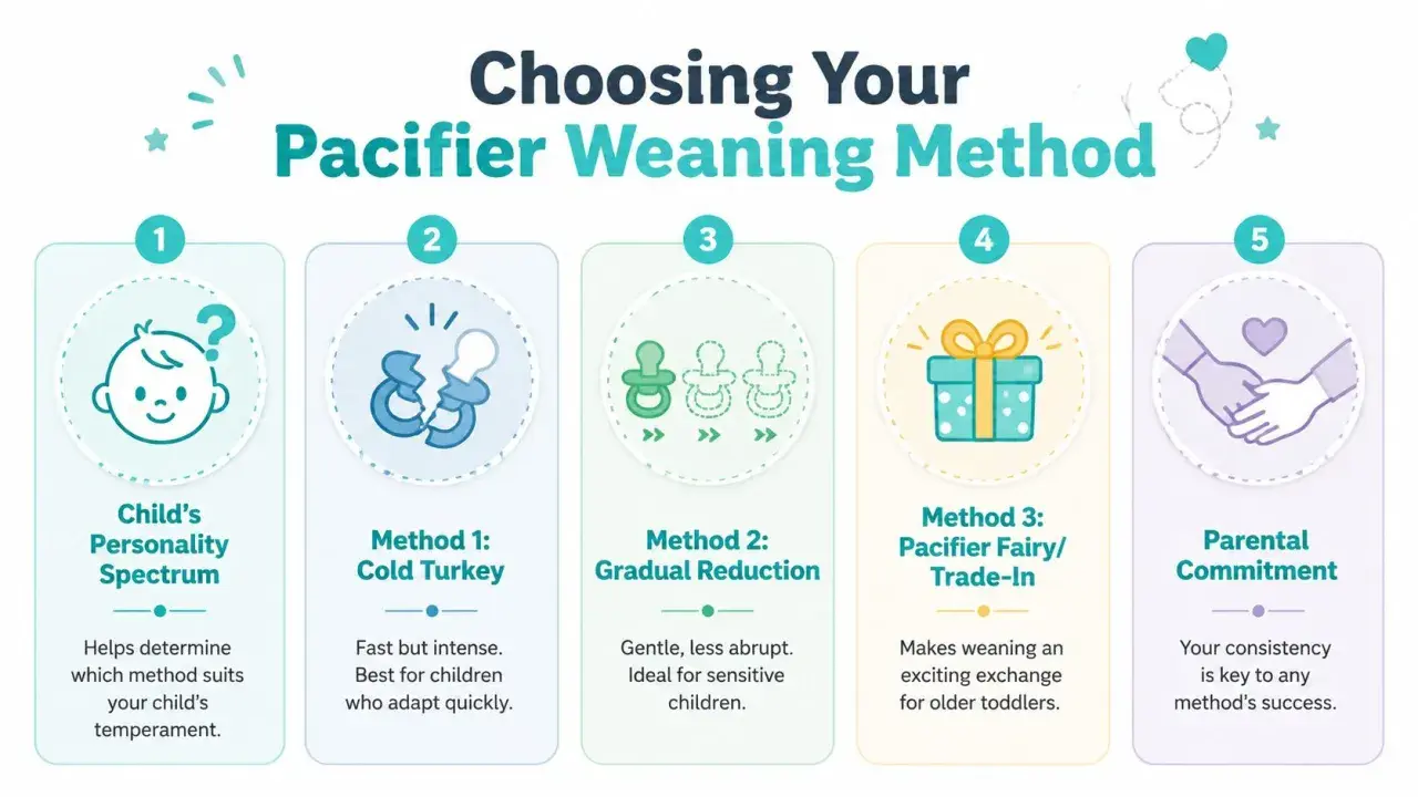 Choosing your pacifier weaning method: Child's personality, cold turkey, gradual reduction, pacifier fairy, and parental commitment are key to avoiding long term effects of pacifier use.