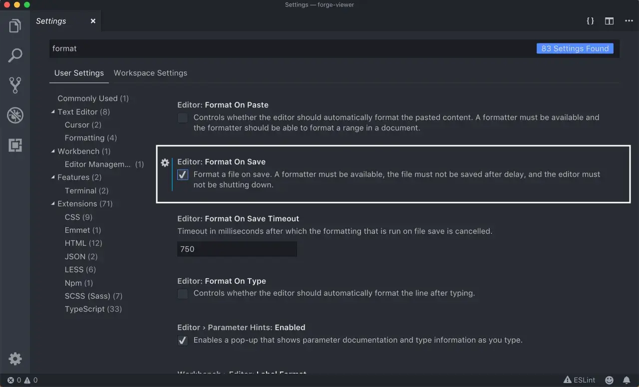 Paramètres VS Code : l'option "Format On Save" est activée, formatant automatiquement le fichier lors de son enregistrement.