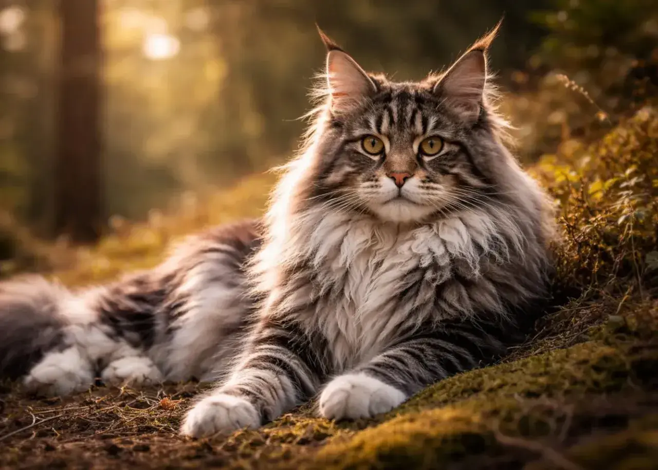 Majestatyczny kot rasy maine coon z puszystą grzywą leży w jesiennym lesie, otoczony złotym światłem.