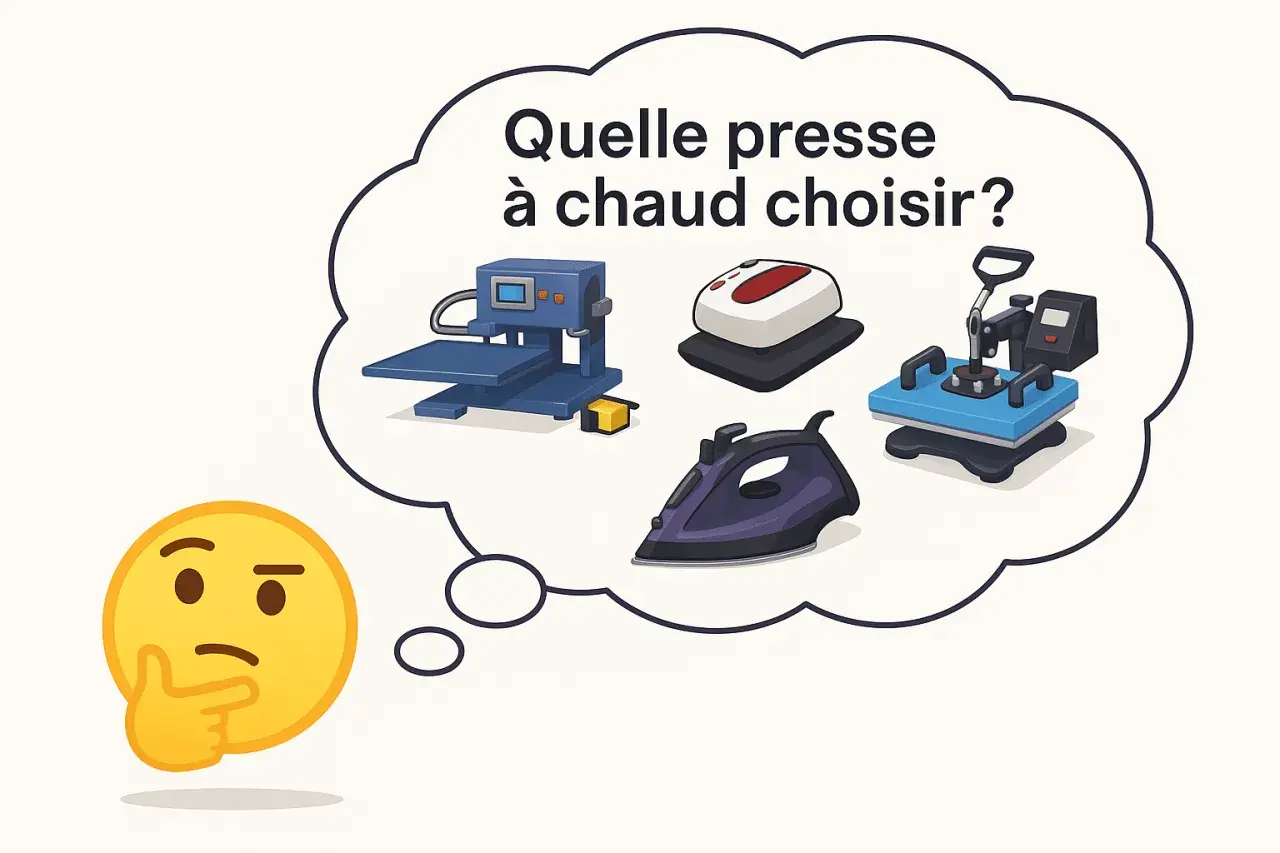 Un visage pensif réfléchit à quelle presse à chaud choisir pour le transfert d'images. Diverses machines, dont une presse à chaud, sont représentées.