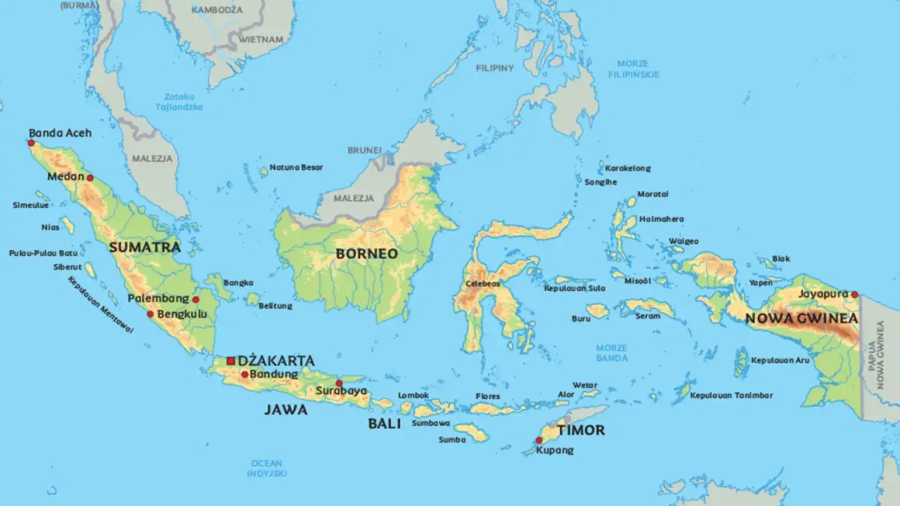 Mapa Indonezji, gdzie jest Bali, pokazuje wyspy Sumatra, Jawa, Borneo, Celebes, Timor i Nowa Gwinea.