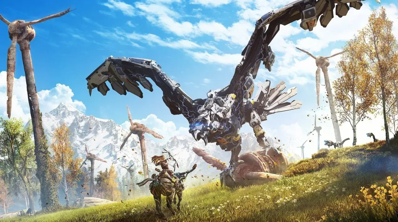 Aloy na mechanicznym koniu walczy z maszyną w kształcie ptaka. To scena z Horizon Zero Dawn poradnik.