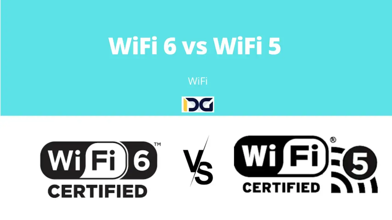 Porównanie WiFi 6 i WiFi 5. Logo WiFi 6 po lewej, WiFi 5 po prawej, z symbolem "vs" pośrodku.
