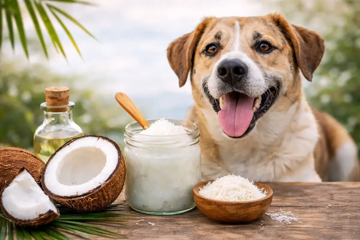 Perro feliz junto a cocos y aceite de coco, un ingrediente natural para su bienestar.